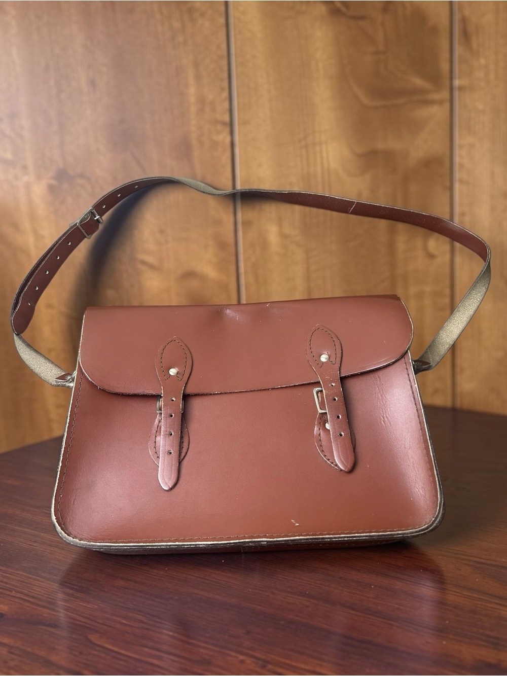 Brown Leather Satchel Messenger Bag Vintage Style Adjustable Shoulder Strap